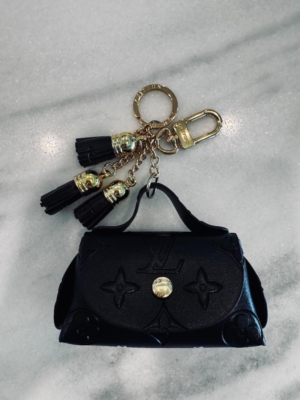Black Mini Bag Charm with Gold Tassel Keyring